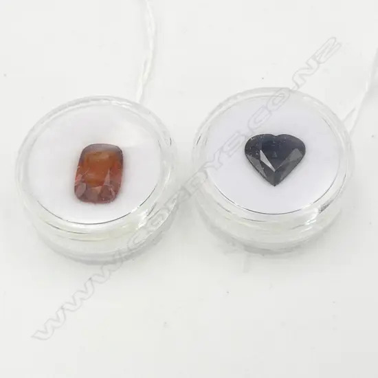 TWO GEMSTONES; BLUE SAPPHIRE, HEART CUT, 3.63ct & CUSHION CUT HESSONITE GARNET, 5.45ct  (inclusions)