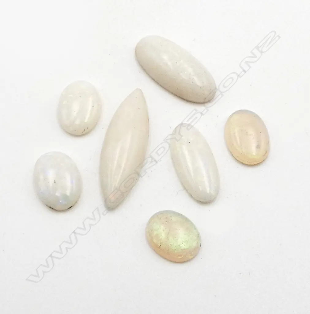 7 VINTAGE MILKY OPAL CABOCHONS, VARIOUS SIZES Image 1++