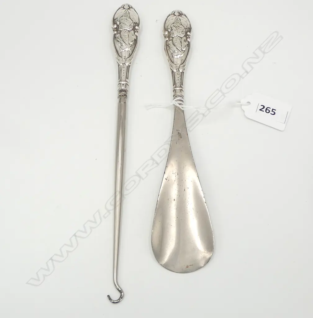 BUTTON HOOK & SHOE HORN w. STG SILVER HANDLES L.235mm Image 1++