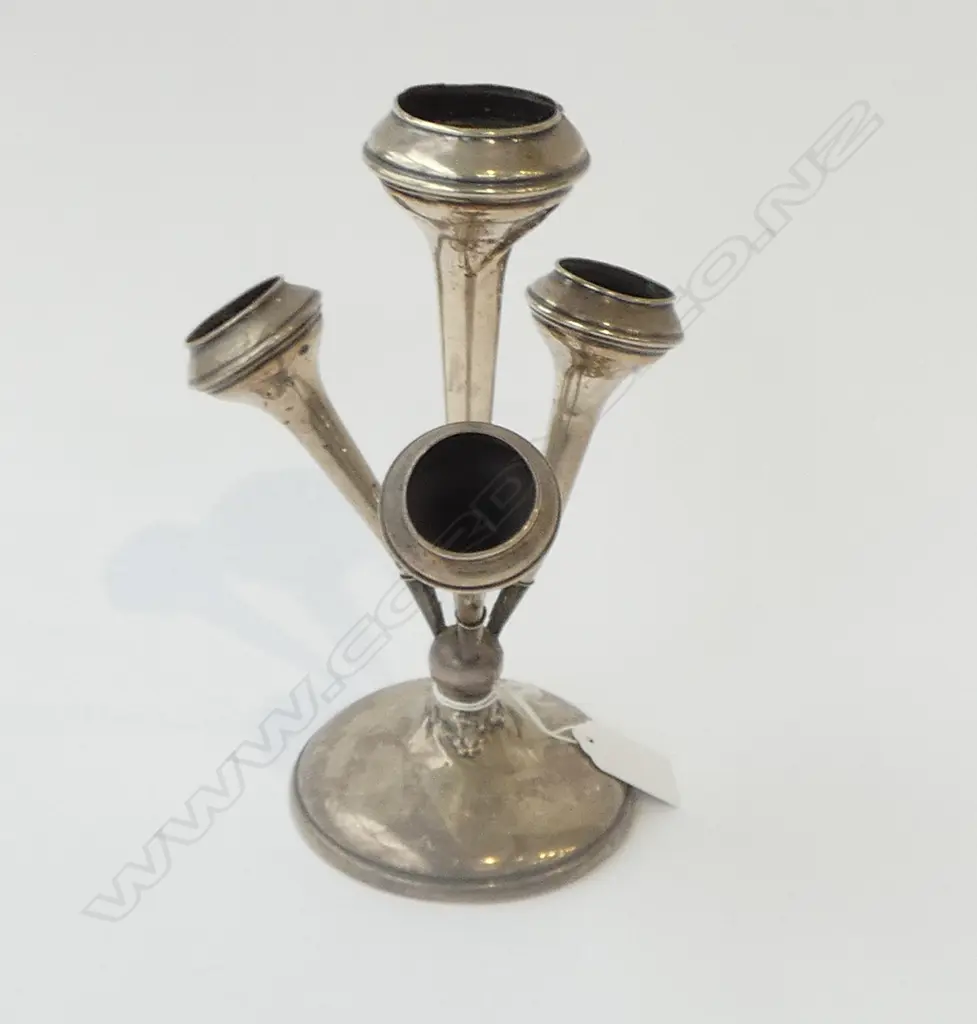 SILVER EPERGNE 4 TRUMPETS Birmingham 1945. H.215mm. Plaster filled base. base slightly faulted 377gms total Image 1++
