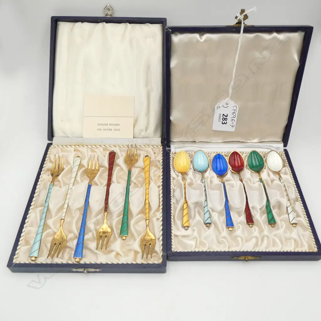 CASED SET OF 6 DANISH ENAMELLED SILVER GILT SPOONS & 6 FORKS Image 1++
