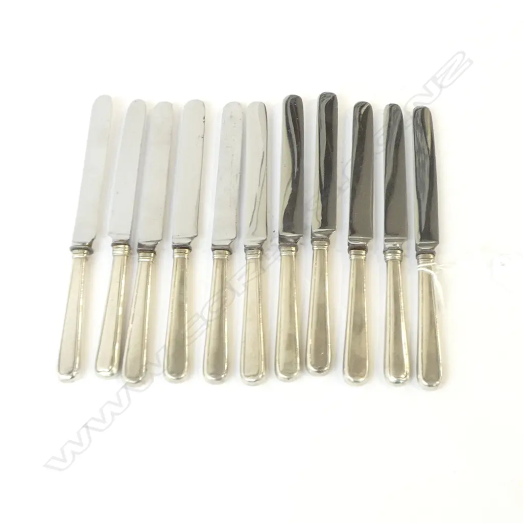SET OF 12 ANTIQUE 800 SILVER HANDLE KNIVES W. SHEAR STEEL BLADES GERMANY, L.195MM Image 1++