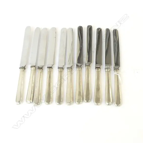 SET OF 12 ANTIQUE 800 SILVER HANDLE KNIVES W. SHEAR STEEL BLADES GERMANY, L.195MM
