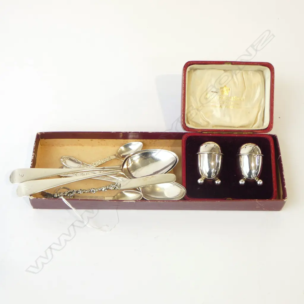 6 STG SILVER SPOONS + 800 SILVER KNIFE + PR CASED CONDIMENTS 178gms Image 1++