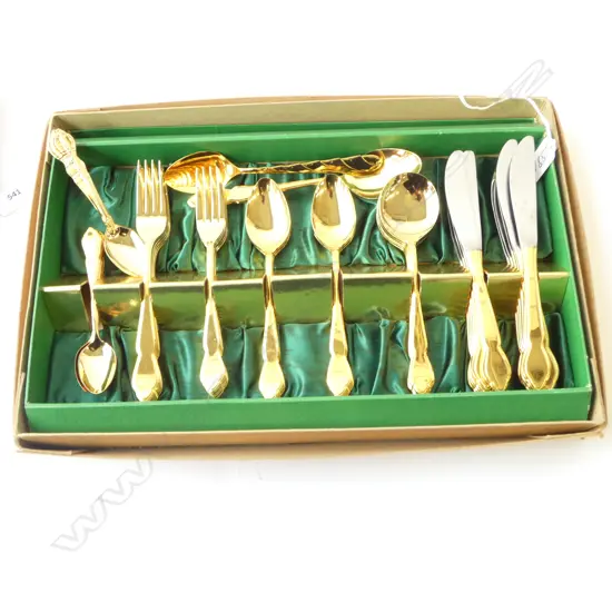 BOXED STEVENS 6 PLACE GOLD PLATE 0N STAINLESS CUTLERY SET  (1 Knife missing plus 6 extra teaspoons))