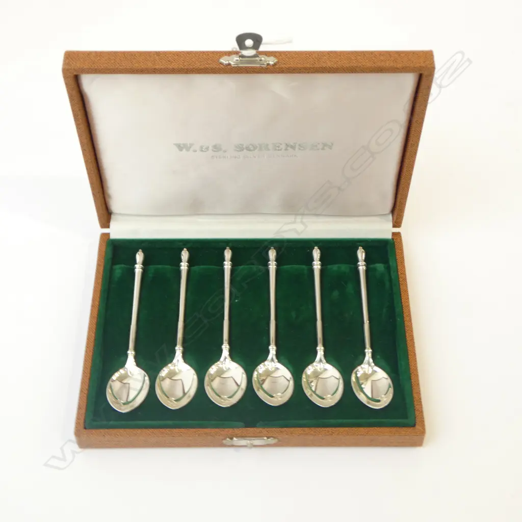 6 W. & S. SORENSEN DENMARK STG SILVER TEASPOONS, CASED 62gms Image 1++