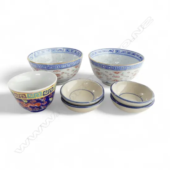 PAIR CHINESE RICE BOWLS/4 HAND DECORATED SAUCERS/QIANLONG DRAGON CUP