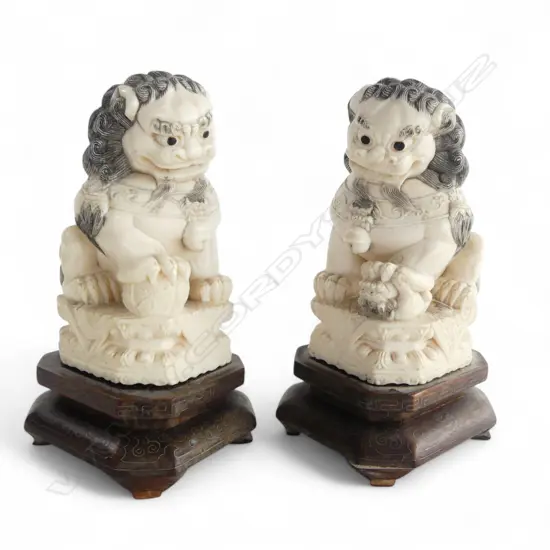 PR IVORY FOO TEMPLE DOGS ON WOODEN STANDS H.140mm