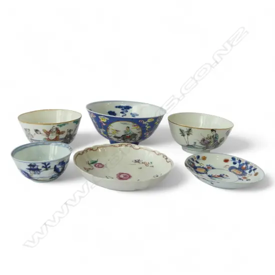 6 ORIENTAL BOWLS, HAIRLINES 150mm dia