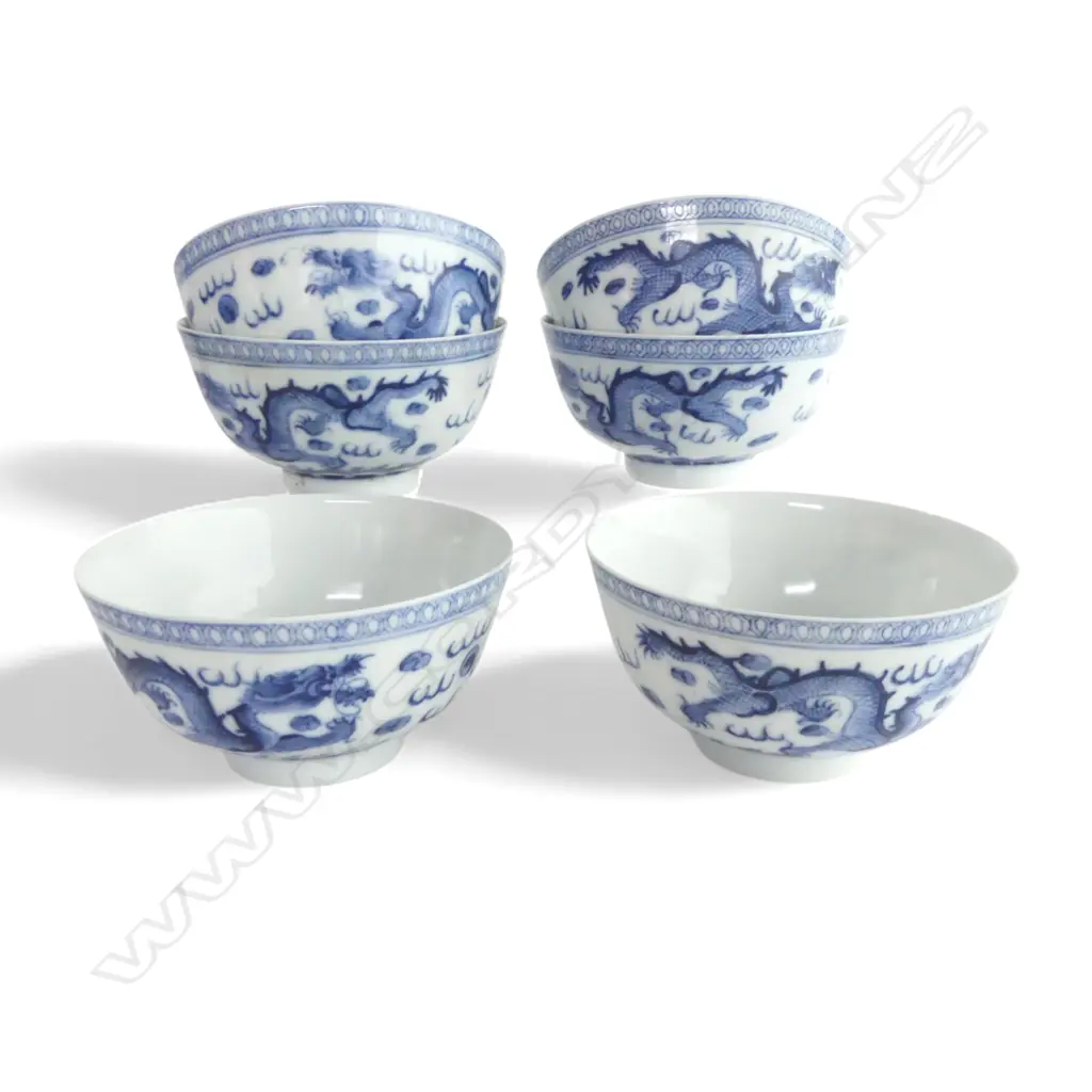 set 6 QIANGLONG MARKED B & W BOWLS 5 claw dragon decoration. Dia.114mm Image 1++