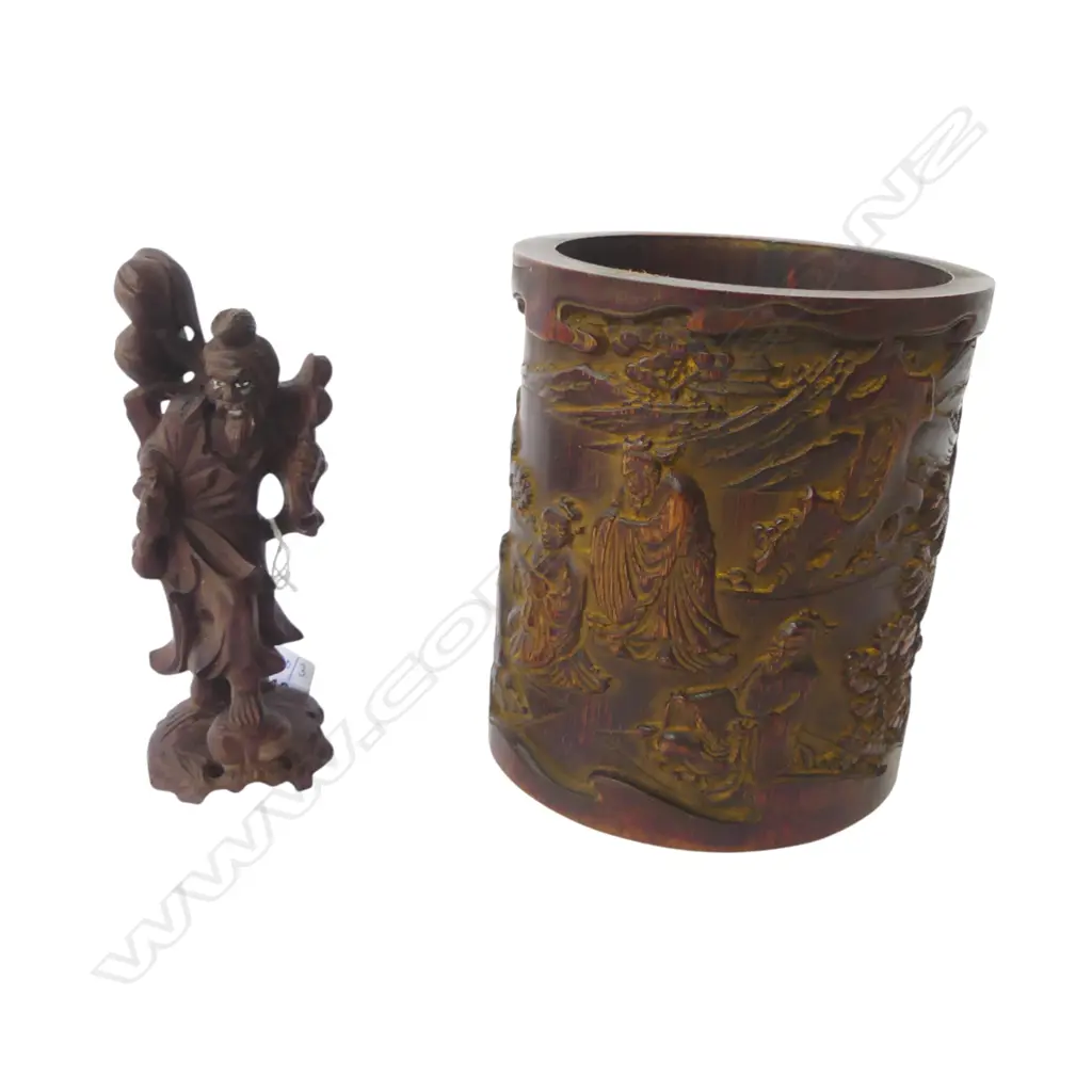 CHINESE BAMBOO BRUSH POT H.165mm + CARVED WOODEN FIGURE Image 1++
