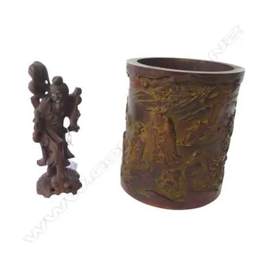 CHINESE BAMBOO BRUSH POT H.165mm + CARVED WOODEN FIGURE