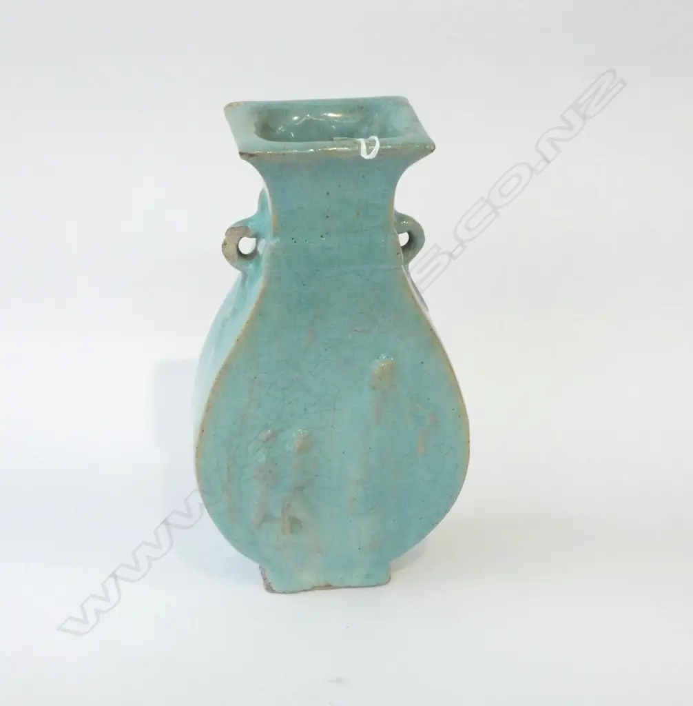 ORIENTAL PALE BLUE GLAZE SLAB VASE with relief figures repaired rim chip + other to handle H.225mm Image 1++