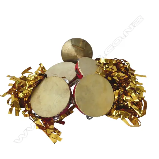 5 CHINESE PERFORMING TAMBORINES & CYMBAL