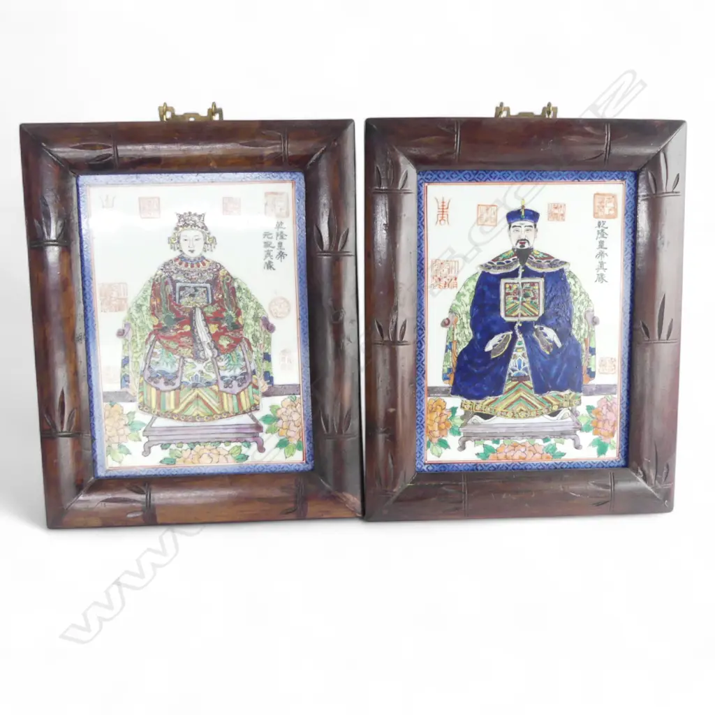 PR CHINESE EMPORER & EMPORESS FRAMED PORCELAIN TILES with character marks 390 x 310mm Image 1++