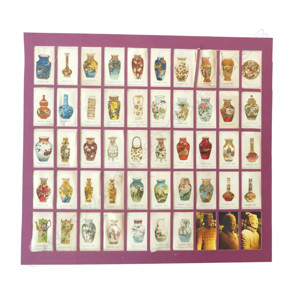 SHEET OF FABRIC CIGARETTE CARDS; ORIENTAL CERAMIC ART VASES Image 1++
