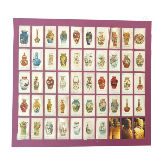 SHEET OF FABRIC CIGARETTE CARDS; ORIENTAL CERAMIC ART VASES
