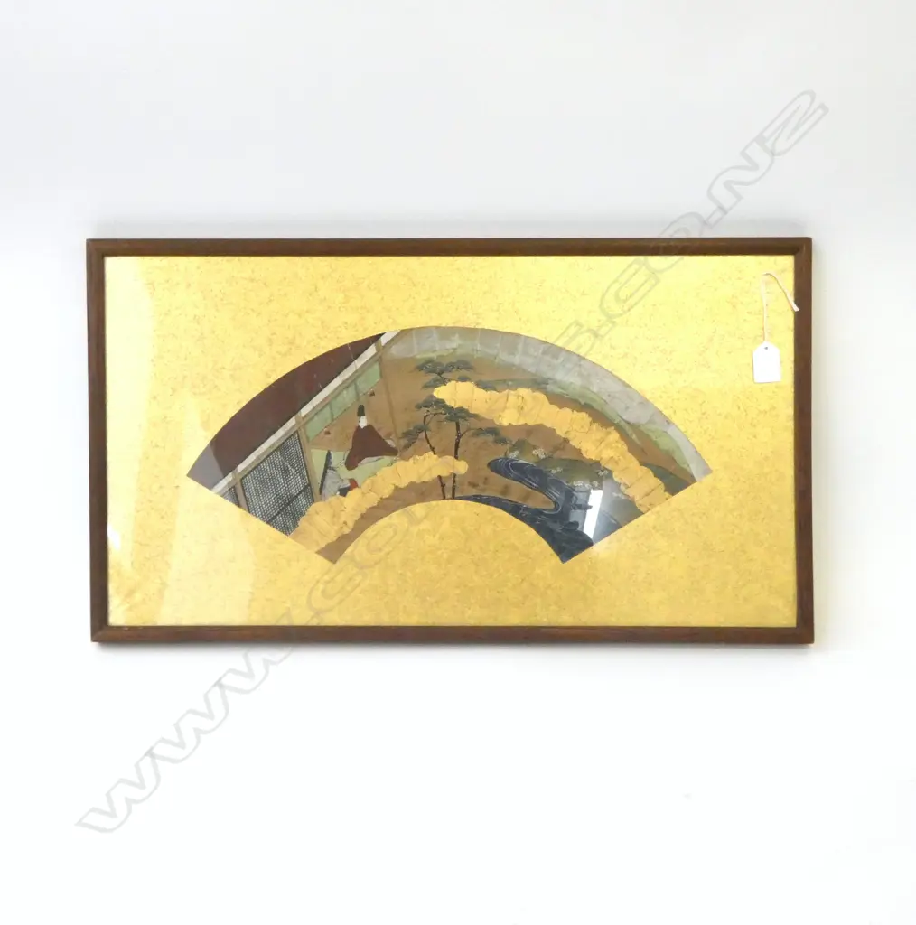 OLD JAPANESE PAINTED FAN IN FRAME seated figures in covered courtyard & river landscape. Frame 660 x 370mm Image 1++