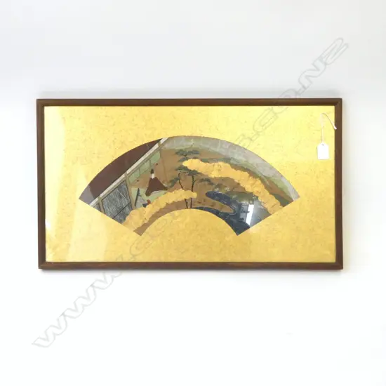 OLD JAPANESE PAINTED FAN IN FRAME seated figures in covered courtyard & river landscape. Frame 660 x 370mm