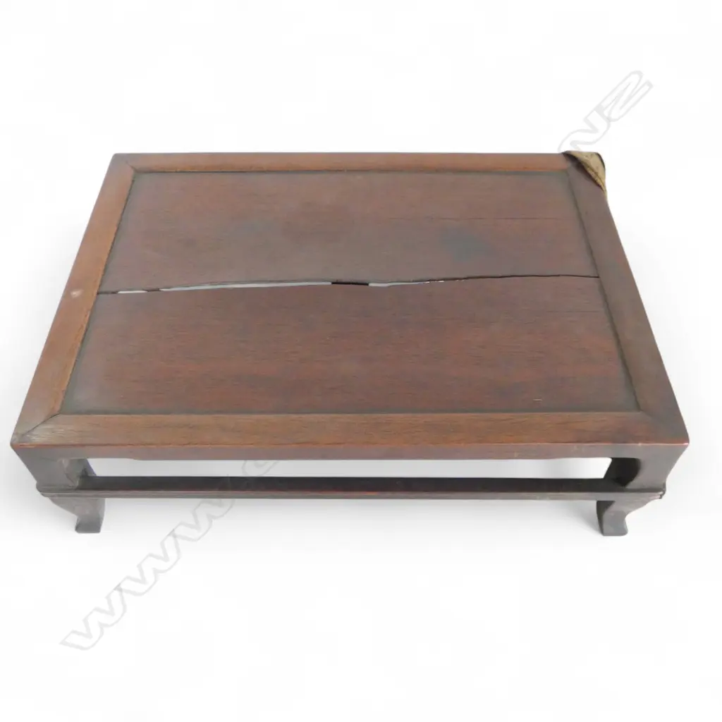 3 19thC JAPANESE HARDWOOD OBJECT DISPLAY TABLES each w fabric cover showing age. The largest 440x315x150mm - top split Image 1++