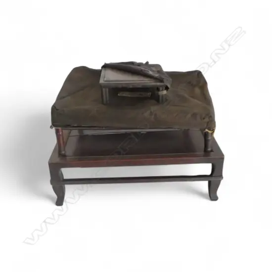 3 19thC JAPANESE HARDWOOD OBJECT DISPLAY TABLES each w fabric cover showing age. The largest 440x315x150mm - top split