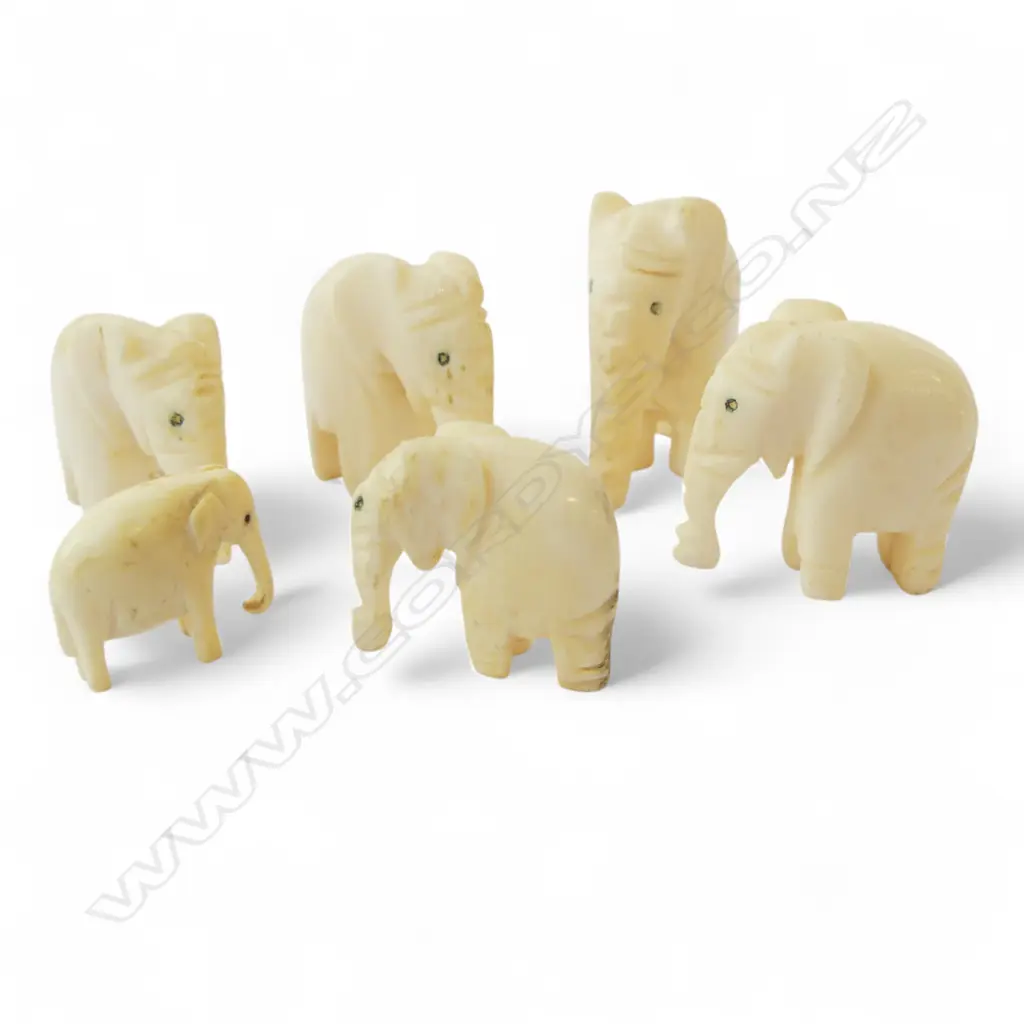 SIX CARVED IVORY SMALL GRADUATING ELEPHANT FAMILY. Tallest 35mm Image 1++