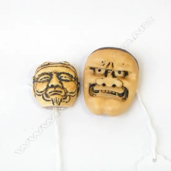 2 IVORY MASK NETSUKE, 1 SIGNED H.55 / 35mm