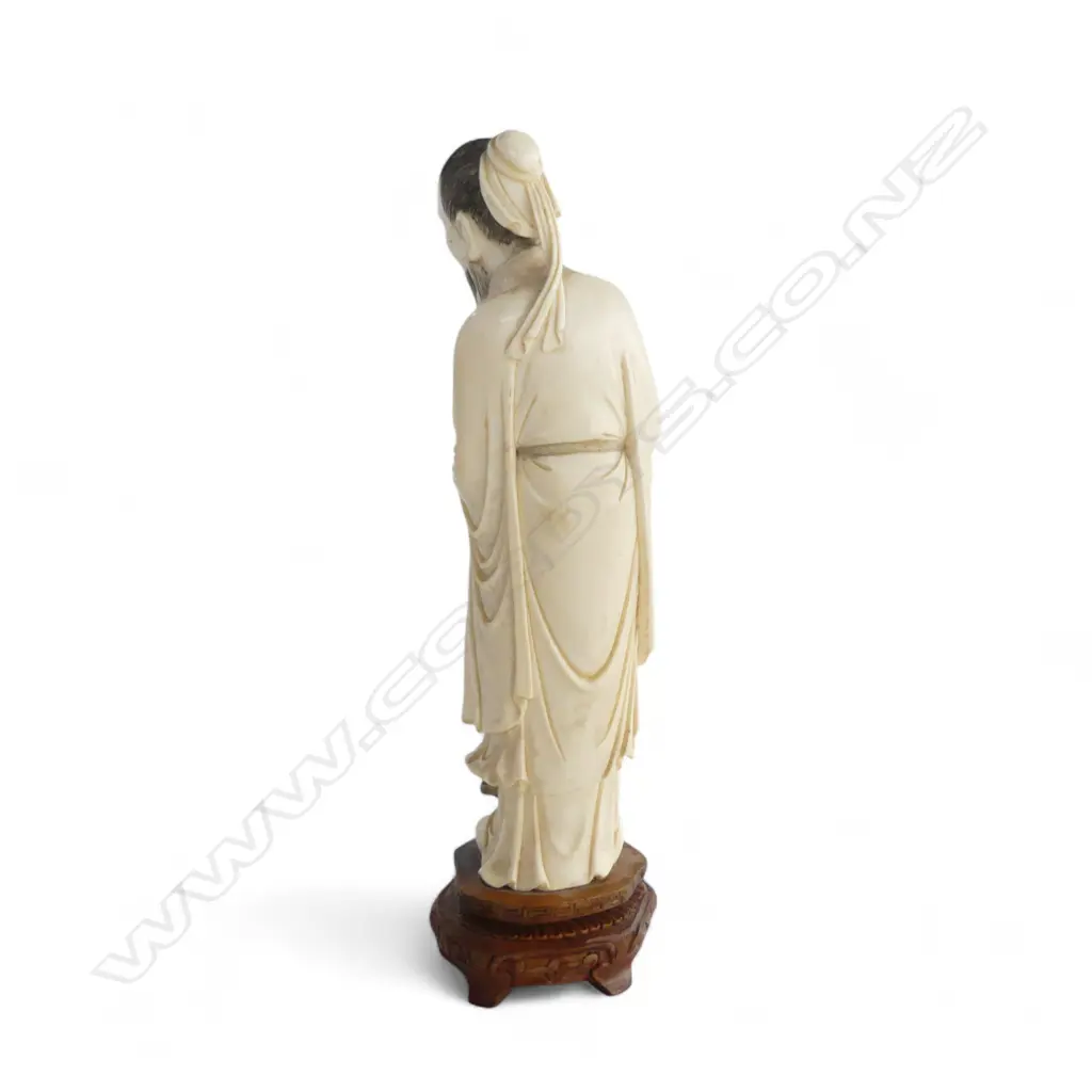 TALL CARVED IVORY FIGURE ON WOODEN STAND H.270mm with losses Image 1++