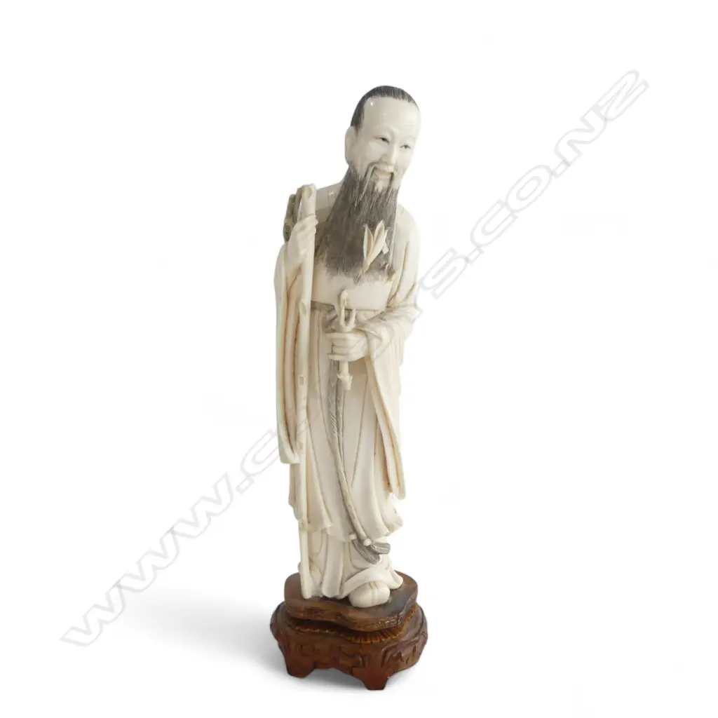 TALL CARVED IVORY FIGURE ON WOODEN STAND H.270mm with losses Image 1++