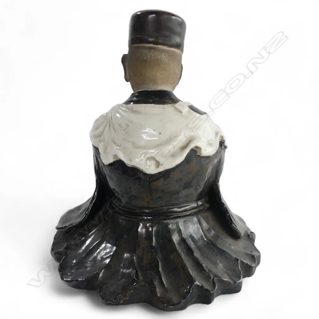 ORIENTAL POTTERY SCULPTURE OF A SEATED GENT WITH BOWL white glazed apron H.220mm Image 1++
