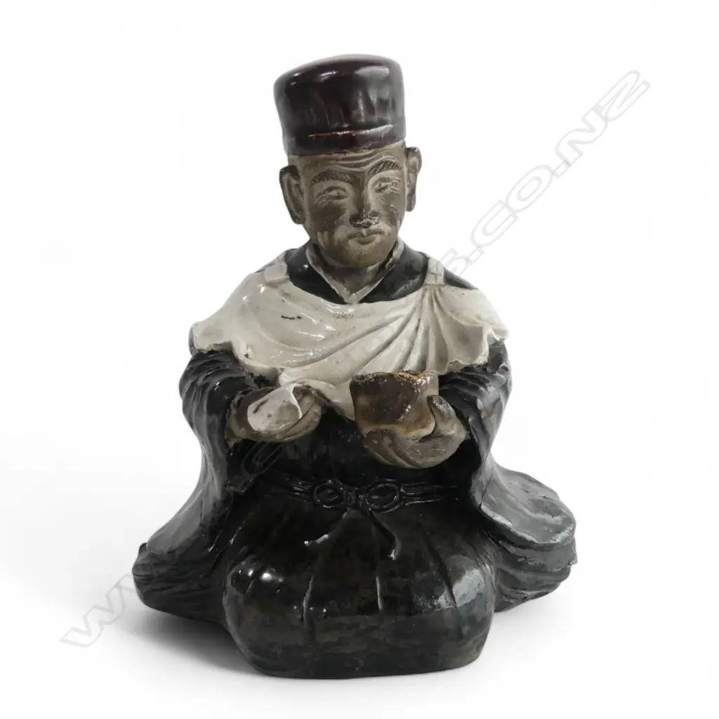 ORIENTAL POTTERY SCULPTURE OF A SEATED GENT WITH BOWL white glazed apron H.220mm Image 1++