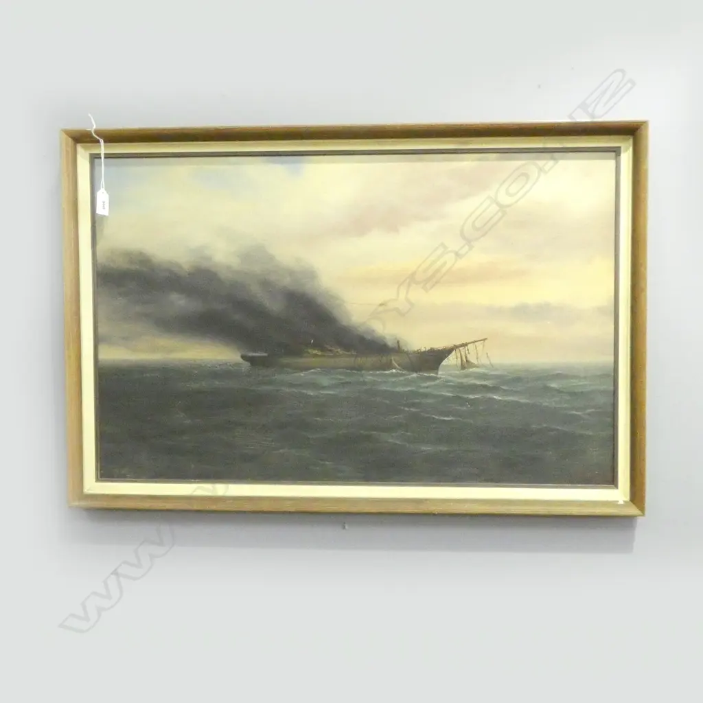 WILLIAM TAYLOR (1857-1921) OIL ON BOARD SAILING BRIG ON FIRE (Charles A. Flint?). H.460 W.750mm. Signed. Detailed on reverse '..... saw this ship burning.......' (From the Estate of Tommy Doyle) Image 1++