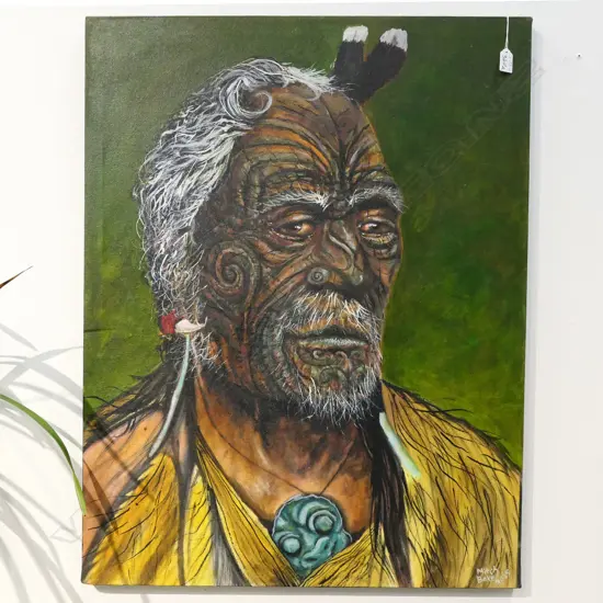 MITCH BAKER LGE OIL PAINTING OF A MAORI CHIEF signed & dated 2015 890 x 690mm