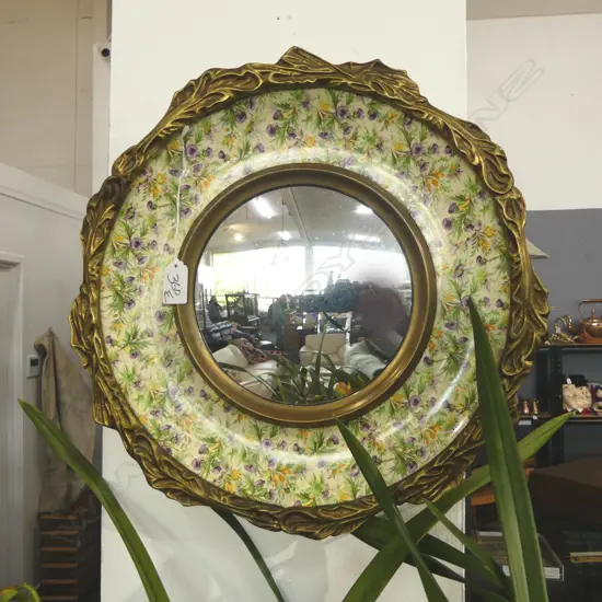 CLARICE CLIFF STYLE CONVEX CHINA AND BRASS MIRROR 370mm