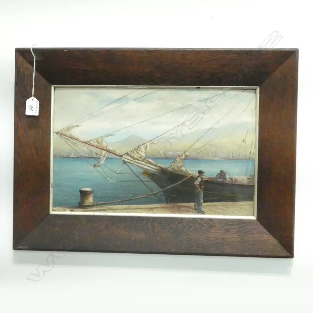 OAK FRAMED OIL ON BOARD SAILING SHIP IN HARBOUR H400 L560MM (From the Estate of Tommy Doyle) Image 1++