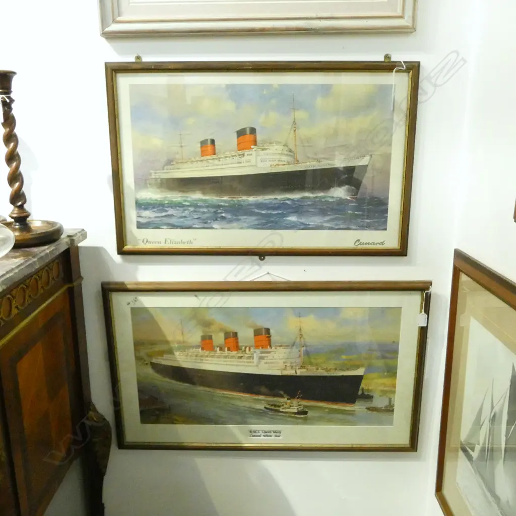2 VINTAGE PRINTS CUNARD LINE QE2 H340 L630 & QUEEN MARY H350 L700MM (From the Estate of Tommy Doyle) Image 1++