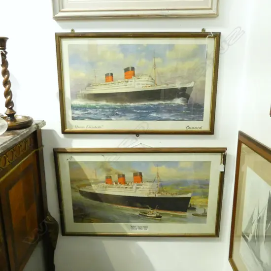 2 VINTAGE PRINTS CUNARD LINE QE2 H340 L630 & QUEEN MARY H350 L700MM (From the Estate of Tommy Doyle)