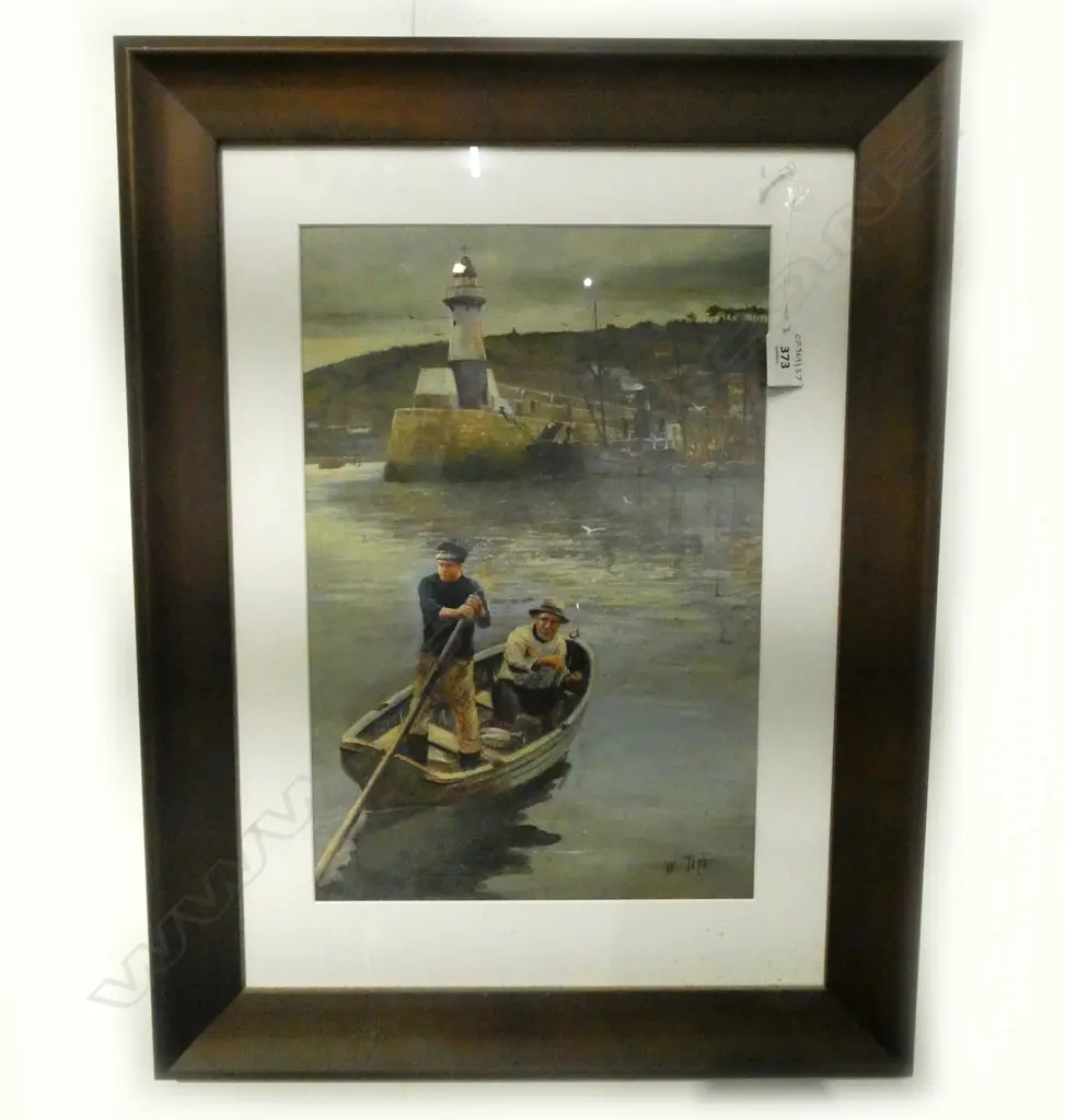 GOUACHE: BOATMEN & LIGHT HOUSE, SIGNED W. TIGLE. H.400, W.260mm (From the Estate of Tommy Doyle) Image 1++