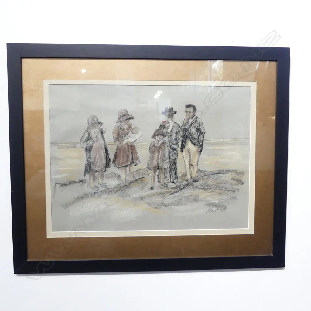 KATHLEEN BURT CHARCOAL AND PASTEL 'THREE GENERATIONS BEFORE ME EASTBOURNE BEACH c.1940' 480 x 650 info verso Image 1++