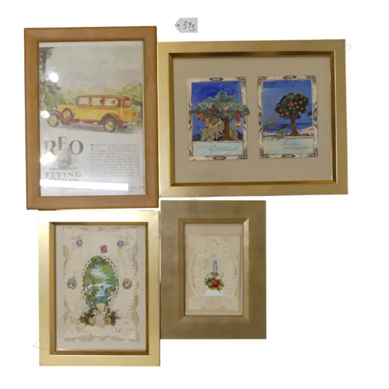 2 ART DECO GREETING CARDS IN FRAME, 2 FRAMED PAPER CROCHET WORKS & FRAMED 'REO FLYING CLOUD' MAGAZINE ADVERT 240x160mm
