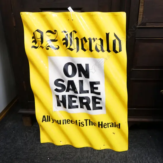Attrib. John Perry 'NZ HERALD ON SALE HERE' stencil ? printed to corrugated steel 585 x 410mm 