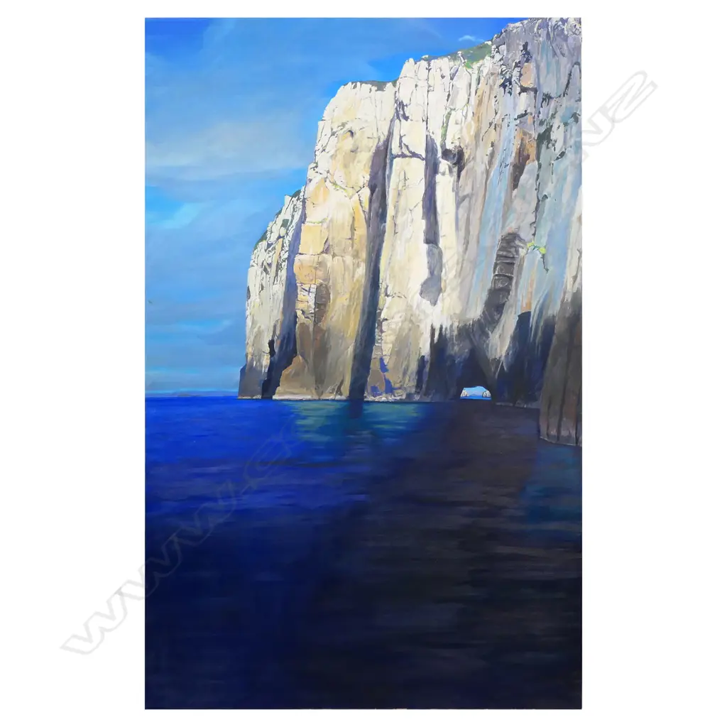 TOM BURNETT (NZ 1958-), COASTAL CLIFFS LANDSCAPE, ACRYLIC ON BOARD, SIGNED, 1900 x 1200mm Image 1++