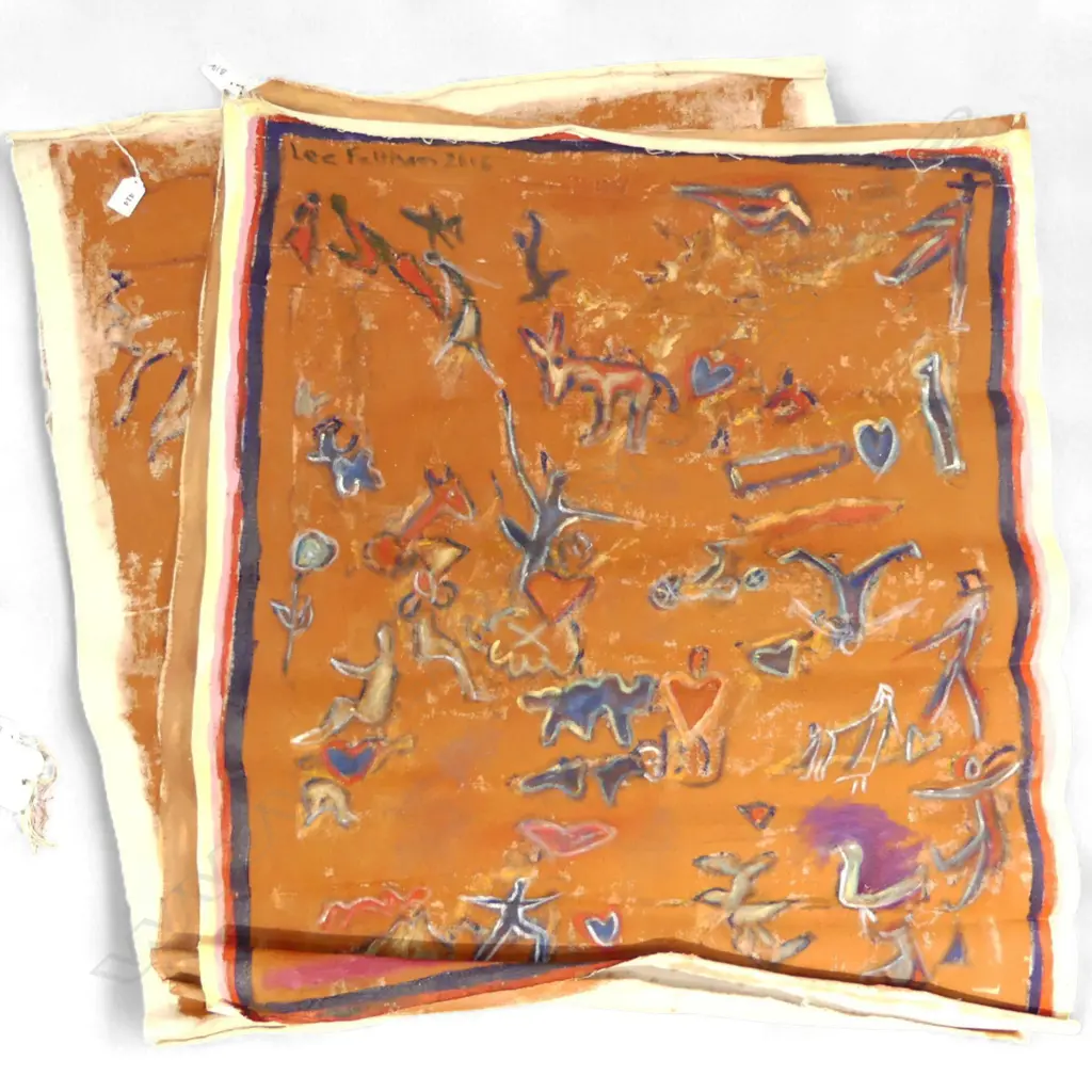 LEE FELTHAM ,"EGYPTIAN HIEROGLYPHS", "  ACRYLIC ON ROLL CANVAS X 3, 840 X 770MM provenance below Image 1++