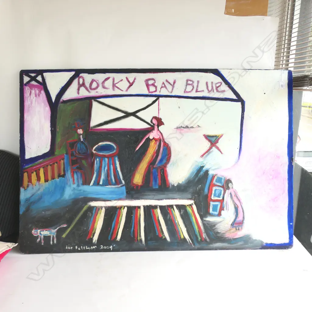 LEE FELTHAM, "ROCKY BAY BLUE", ACRYLIC ON BOARD, SIGNED & DATED 2009, 800 X 1220 MM, provenance below Image 1++