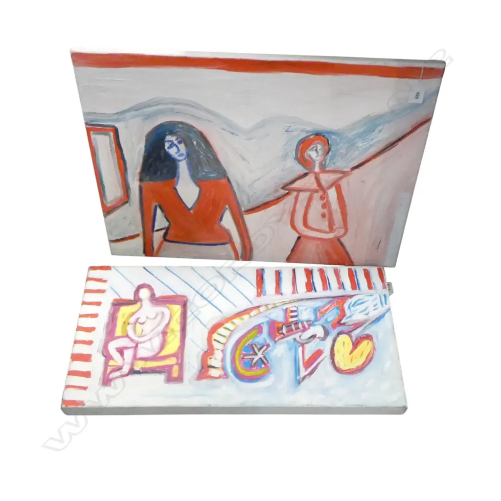 LEE FELTHAM, "GIRL ON YELLOW CHAIR" & " AVALANCHE", ACRYLIC ON CANVAS, ONE DAMAGED, LGST 460 x 610mm , provenance below Image 1++