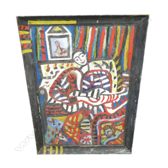 LEE FELTHAM, PORTRAIT, ACRYLIC ON BOARD, FRAMED,740 X 500MM provenance below