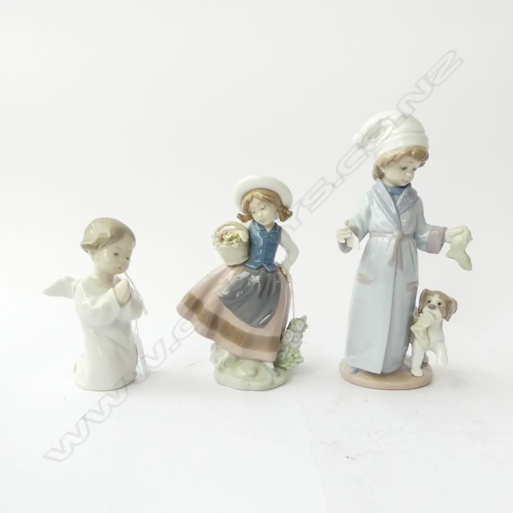 3 LLADRO FIGURINES:BOY & DOG small fault + PRAYING ANGEL + GIRL W FLOWER BASKET the flowers w small chips Image 1++