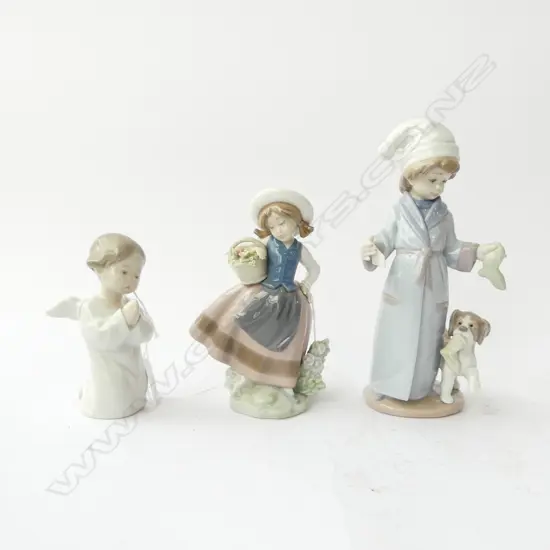 3 LLADRO FIGURINES:BOY & DOG small fault + PRAYING ANGEL + GIRL W FLOWER BASKET the flowers w small chips