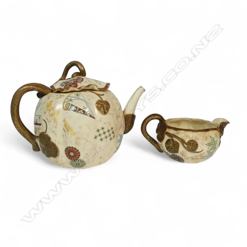ANTIQUE R/WORCESTER TEAPOT & CREAM JUG ORIENTAL PAT Image 1++