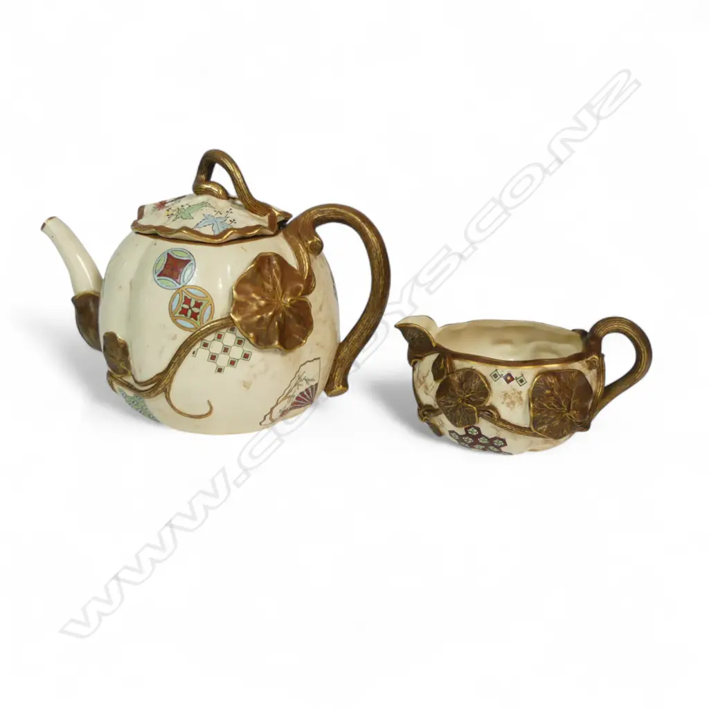 ANTIQUE R/WORCESTER TEAPOT & CREAM JUG ORIENTAL PAT Image 1++